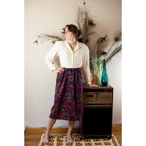 Vintage 80s Autumn Fall Cottagecore Floral Cream Secretary Midi Dress, M… - Picture 5 of 10